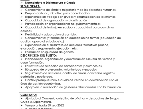 Oferta de empleo en Burgos Acoge: Técnica/o responsable de Escuela de Verano y acciones formativas